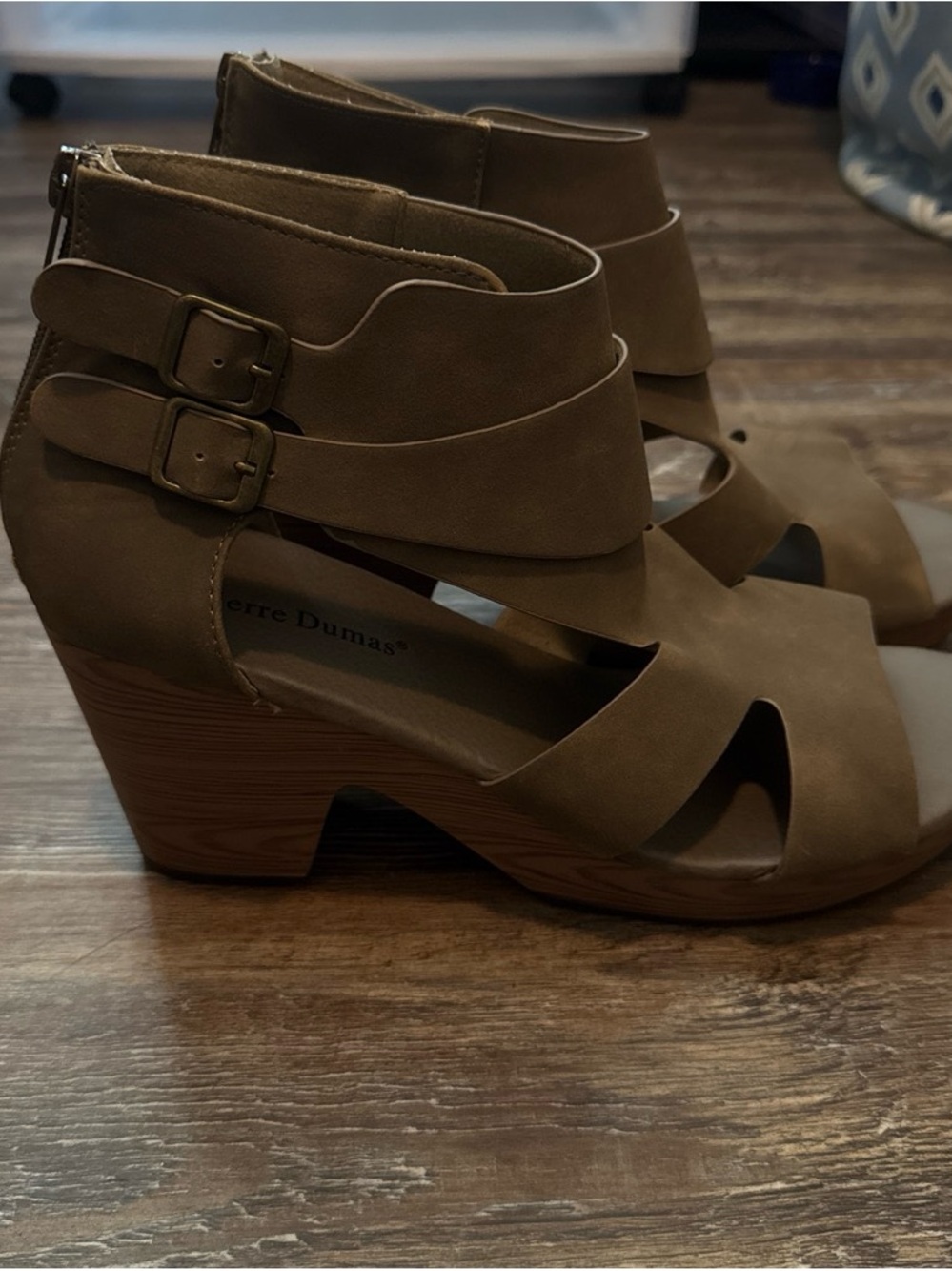 Pierre Dumas Olive-Taupe Cutout Peep-Toe Ankle Strap Wedges